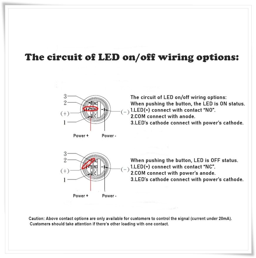 단일 LED 켜기/끄기 배선 옵션:
<br />기능: 스위치 접점을 사용하여 LED 켜기/끄기를 제어합니다.